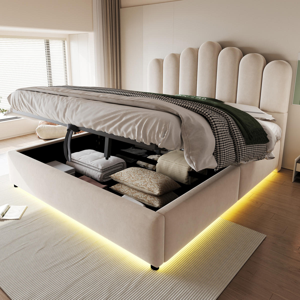 POLSTERBETT 140/200 cm in Beige mit Bettkasten, LED und gepolstertem Kopfteil aus Samt - Beige, Holzwerkstoff/Textil (140/200cm) - STILVORA