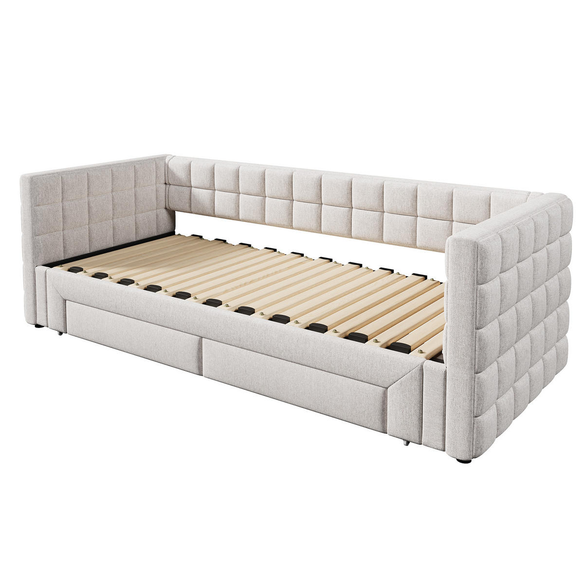 TAGEBETT 90x200cm Beige quadratische Rückenlehne Ausziehbett 2 Schubladen - Beige, Holz (90/200cm) - FLIEKS