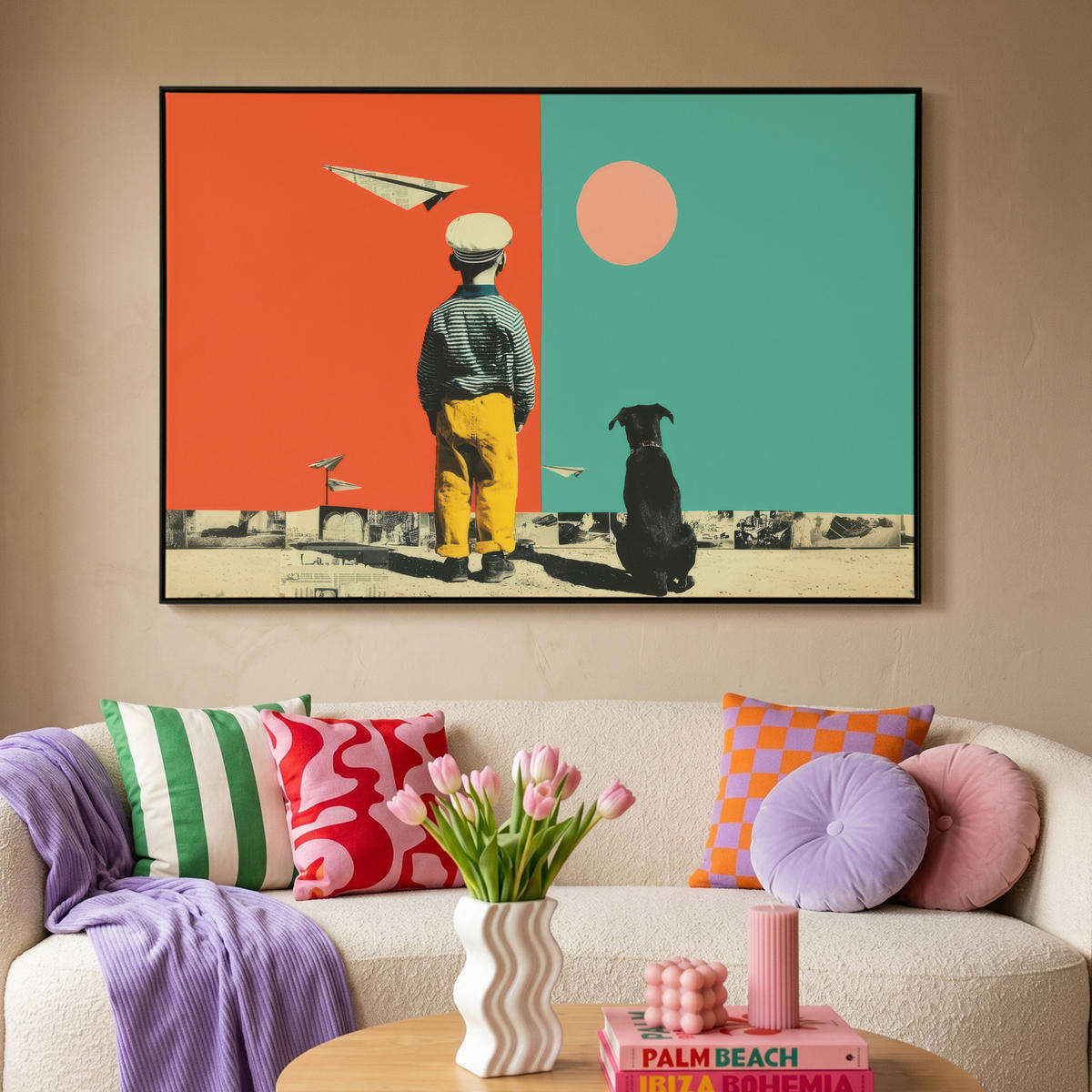 LEINWAND Bilder mit Rahmen - Retro - Junge - Hund - Rot - Grün - 120x80 - Orange, Textil (120/80cm) - MuchoWow