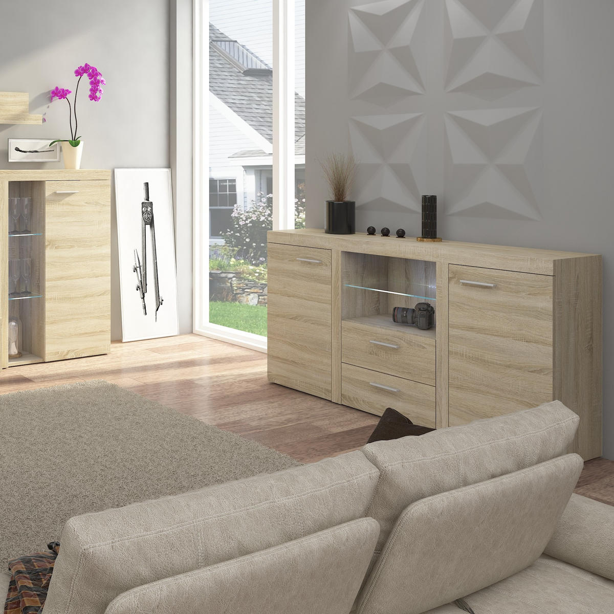 SIDEBOARD RITMO 156x40x82 cm mit 2 Schubladen und 2 Türen Sonoma Eiche - Sonoma Eiche, Holzwerkstoff (156/82/40cm) - MASSENO