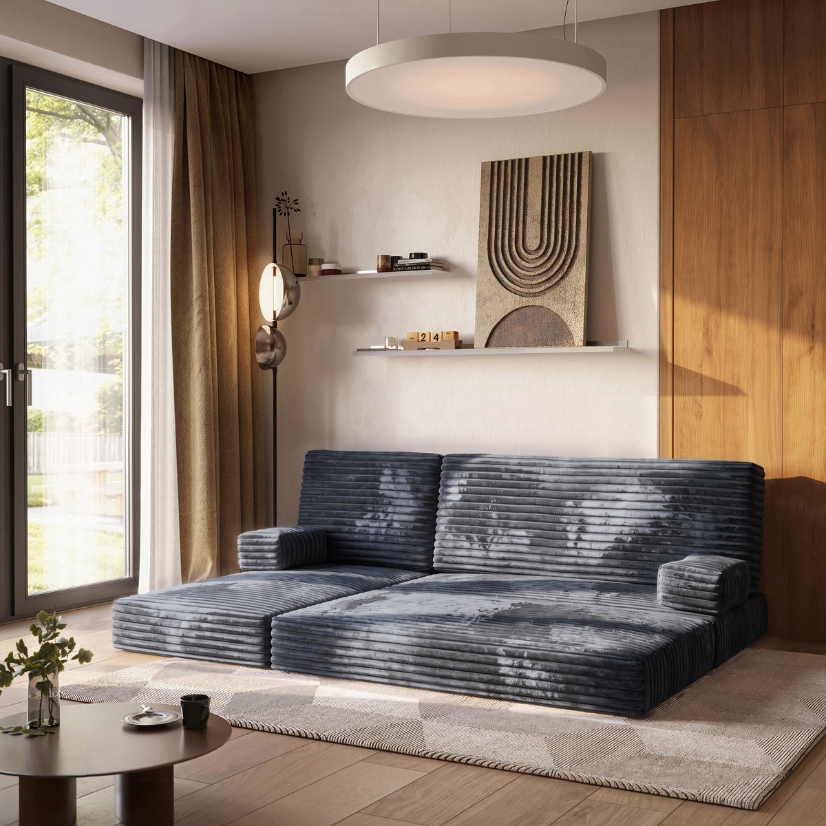 ROHOVÁ SEDAČKA NOTIA modulární Boneless pohovka s funkcí spaní, grafitová TILIA 90 - tmavě šedá, textil (200/120cm) - MASSENO
