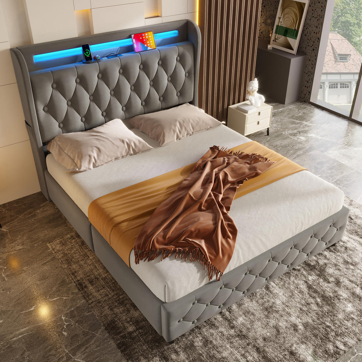 POLSTERBETT 140/190 cm Grau aus Samt mit LED-Beleuchtung und USB- und Type-C-Anschlüssen - Grau, Textil (140/190cm) - OKWISH