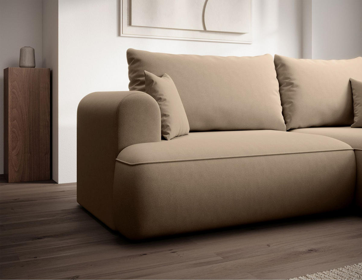 ECKSCHLAFSOFA Ovo Mini Beige Easy-Clean-Samtbezug - Beige/Schwarz, Kunststoff/Textil (238/156cm) - Selsey