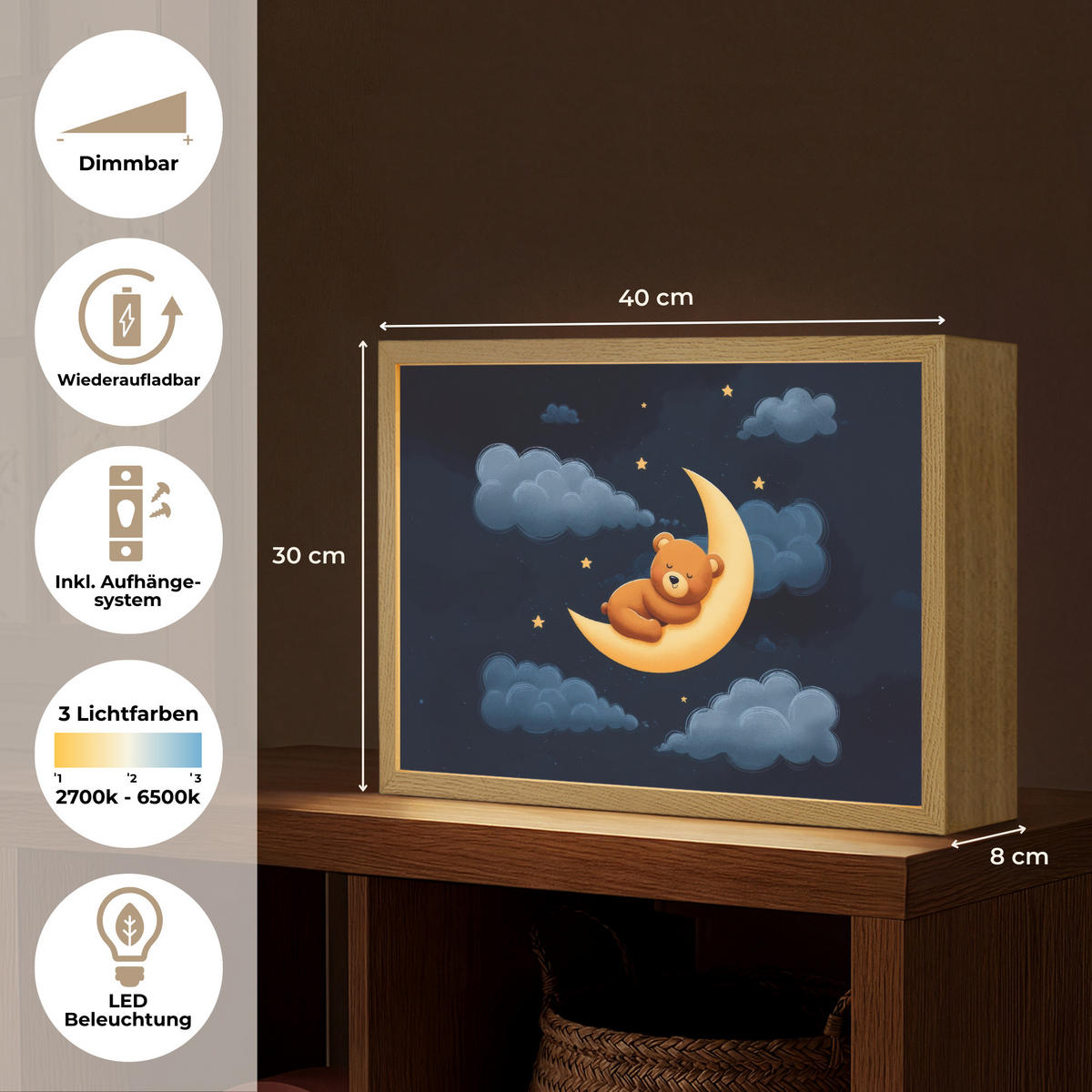NACHTTISCHLAMPE MIT AKKU Teddybär - Mond - Wolken - Sterne 40x30 cm - Dunkelblau, Holzwerkstoff (8/40/30cm) - OnlyWow