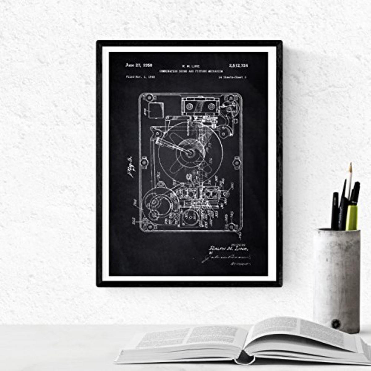 POSTER Set mit 4 Schwarz Drehscheibe Patenten A4 Schwarzer Rahmen - Schwarz, Papier (29.7/3cm) - Nacnic