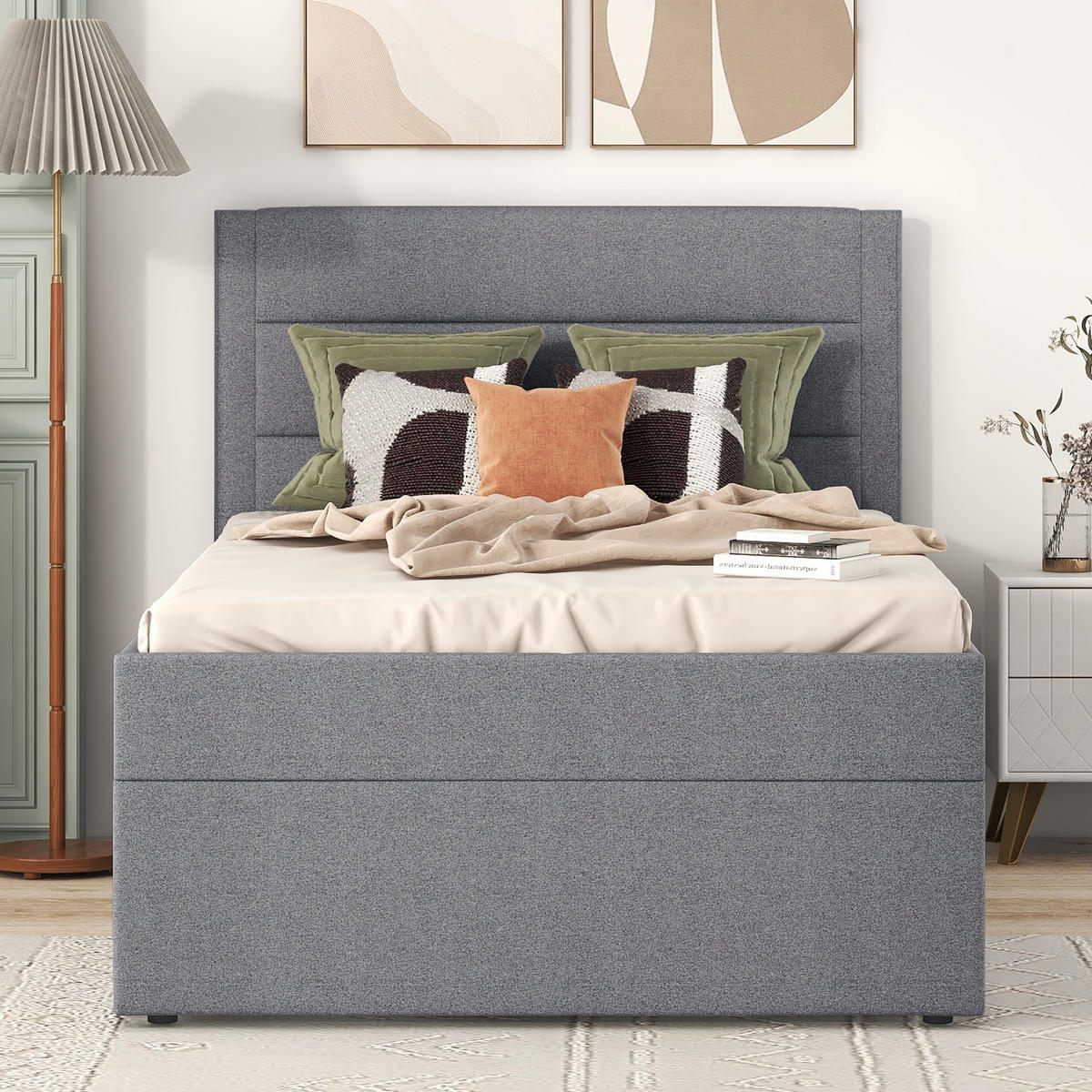 POLSTERBETT 90/200 cm Grau mit Stauraum und Lattenrost aus MDF - Grau, Holzwerkstoff (90/200cm) - OKWISH