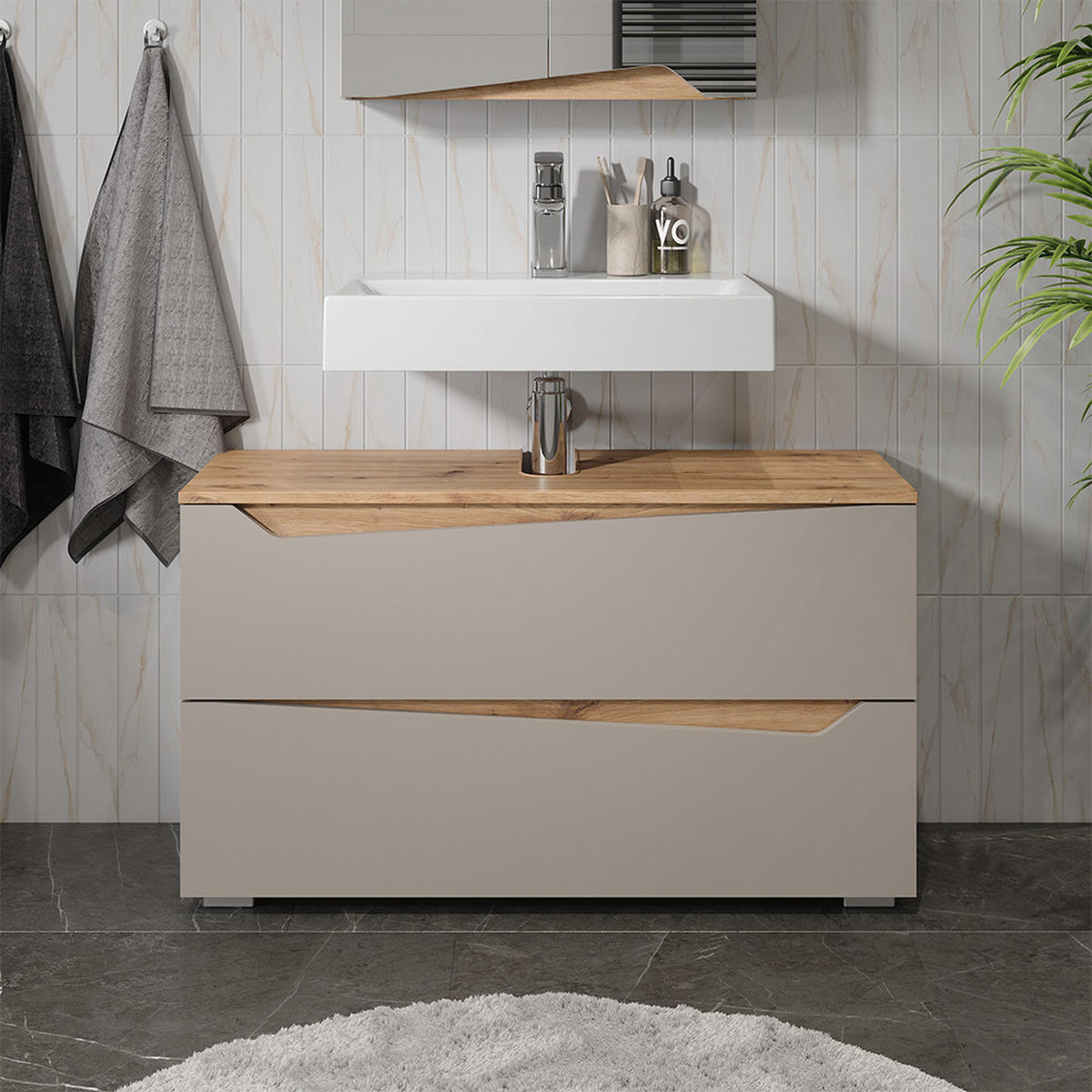 WASCHBECKENUNTERSCHRANK Marelle, Greige/Artisan-Eiche, 100 x 57.5 cm mit 2 Schubladen - Greige/Eiche Artisan, Holzwerkstoff (100/57.5/35cm) - Vicco