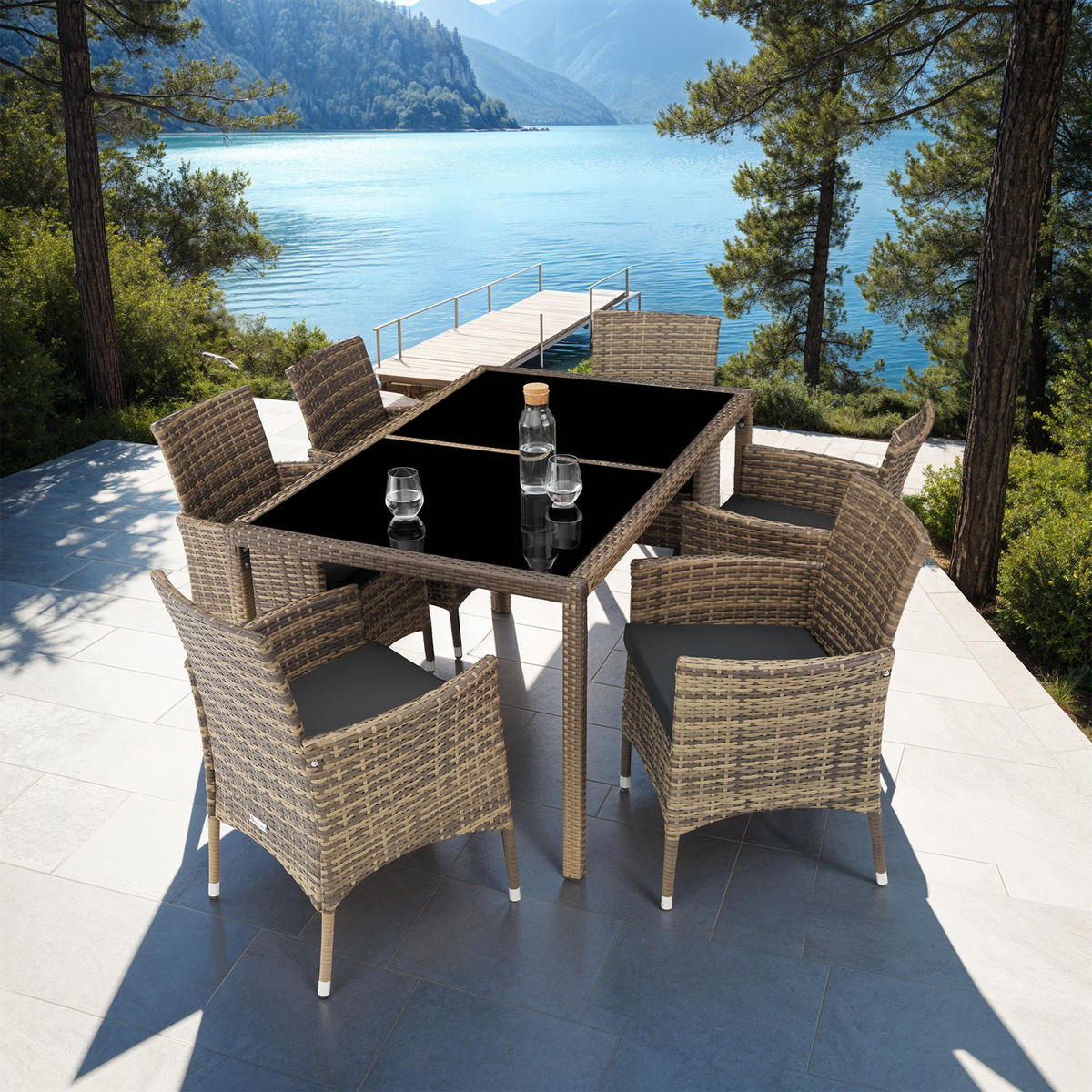 RATTAN SITZGRUPPE Porto,inklusive Schutzhülle,natur/dunkelgrau - Naturfarben, Kunststoff - tectake