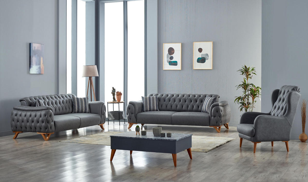 SITZGARNITUR Sigma Grau Grau Stellvariante:2+2+1 - Grau, Holz/Textil (180/85/90cm) - Villa Möbel