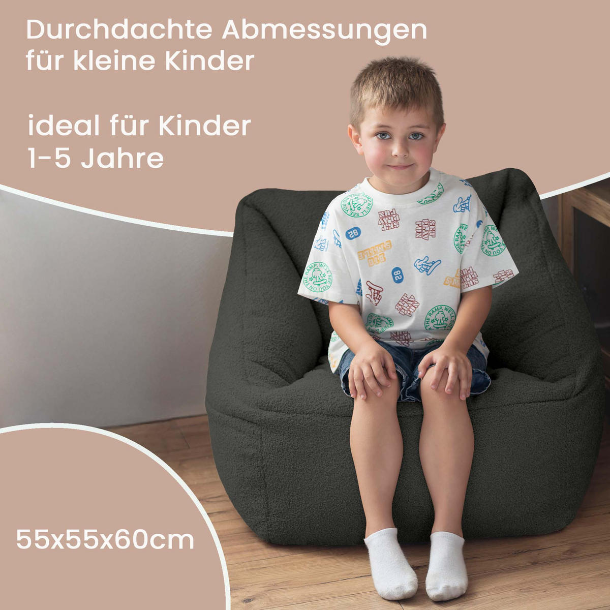 SITZSACK-SESSEL Bambino 55/60/55 cm, weicher Cord 380 g/m², mit Griff & Seitentasche, Dunkelgrau - Dunkelgrau, Textil (55/55/60cm) - Dreamroots
