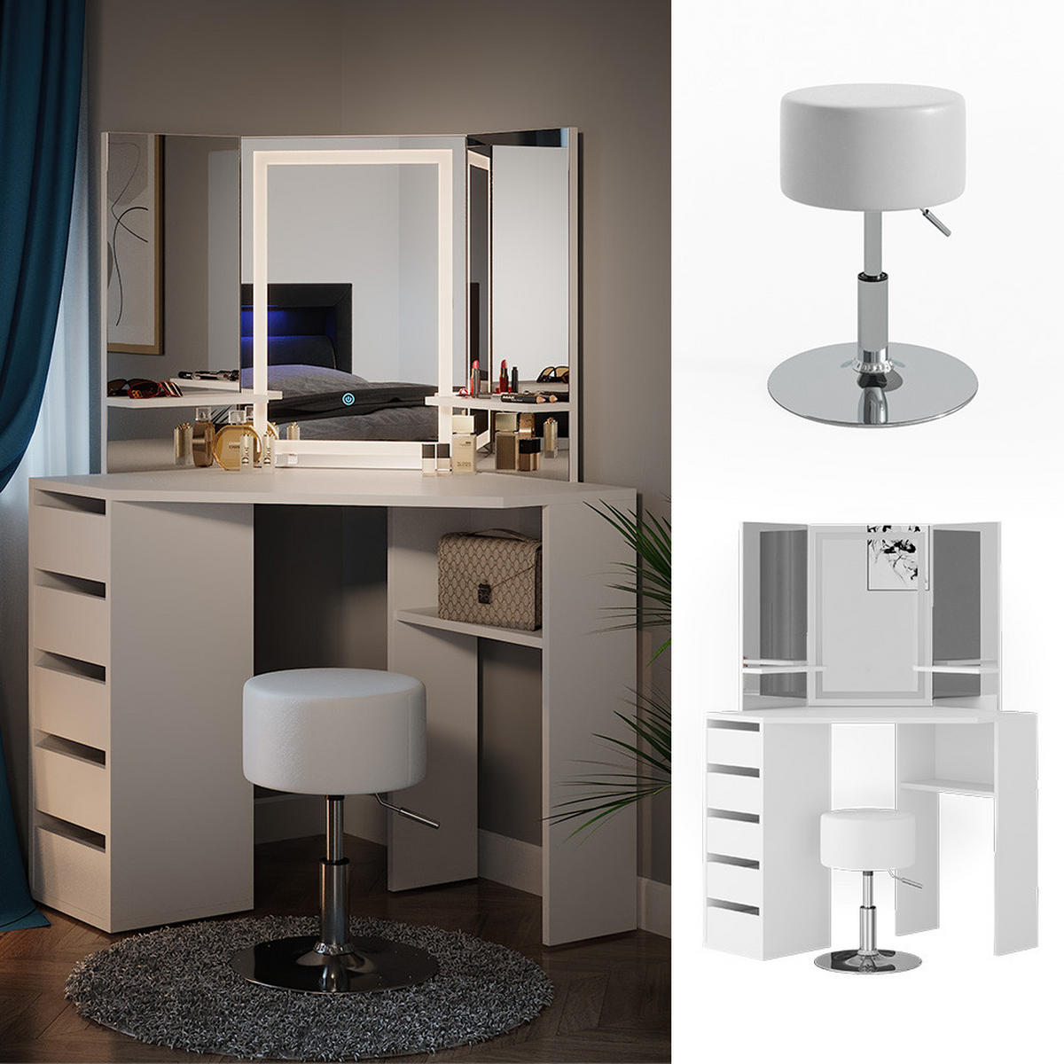 ECKSCHMINKTISCH Arielle Weiß 110 cm mit LED-Spiegel und Hocker - Weiß, Holzwerkstoff (110/141.5/54cm) - Vicco