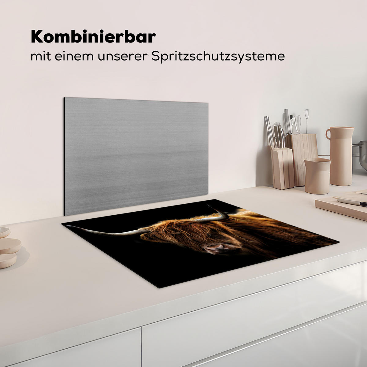 KRYT NA INDUKČNÍ DESKU Skotský horal - Rohy - Černá - Zvířata - Příroda - Divoká - Kráva 65x52 cm - koňaková, plast (65/52/0.2cm) - MuchoWow