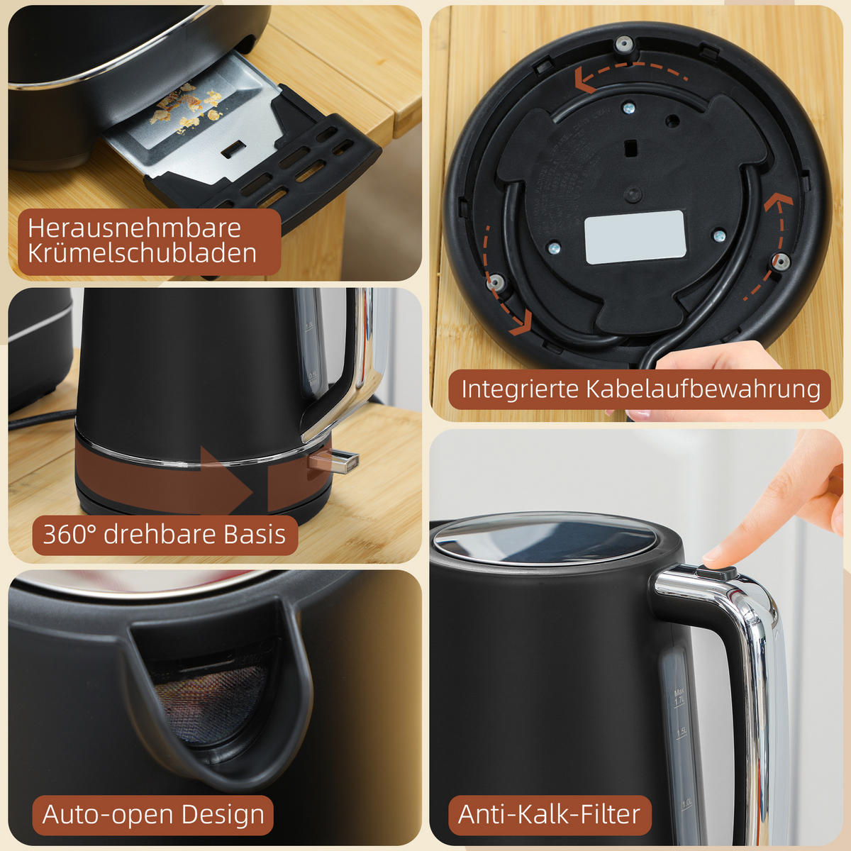 TOASTER mit Wasserkocher DE-07903 Schwarz/Stahl - Schwarz, Metall (16/24.3/21.2cm) - ComfortXL