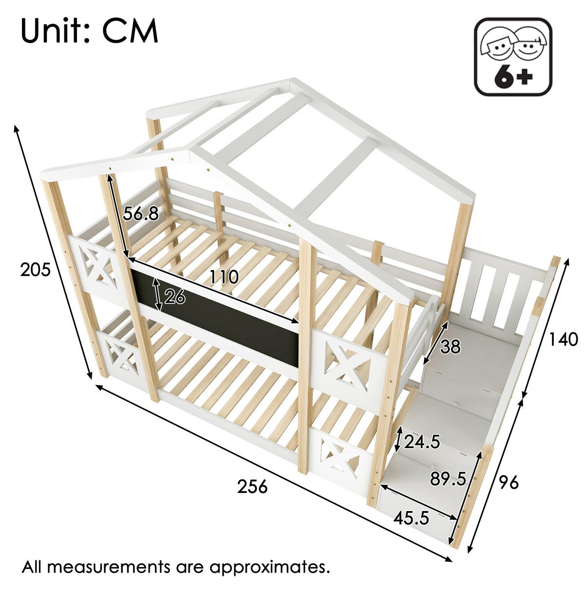 ETAGENBETT 90/200 cm mit Treppe, Stauraum, Tafel und Rausfallschutz, Weiß/Natur - Weiß, Holzwerkstoff - Redom