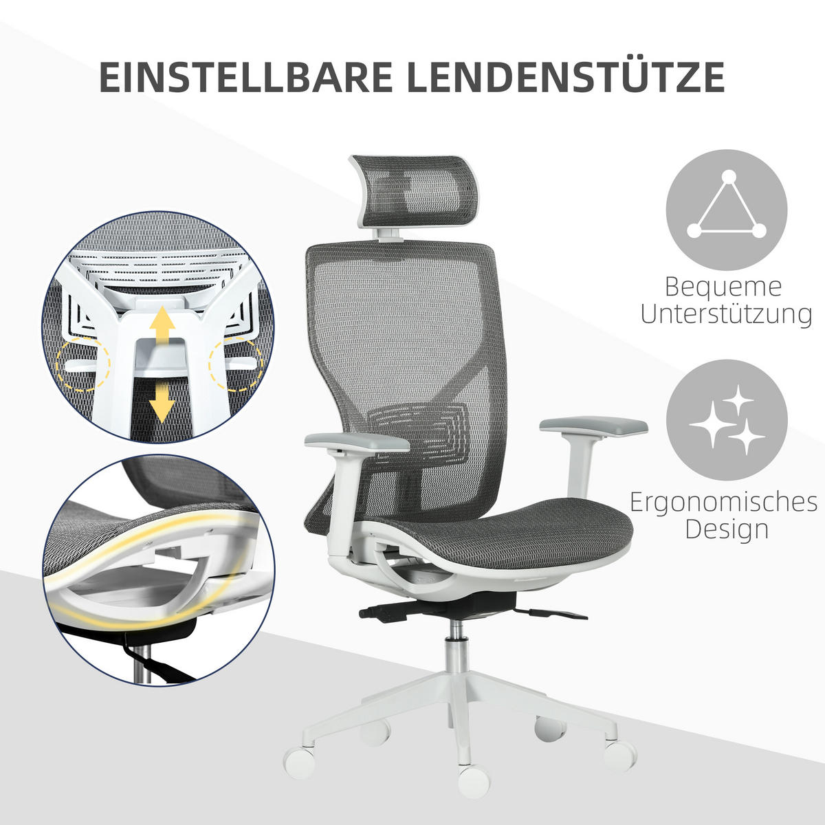 BÜROSTUHL, Armlehne, Mesh-Stoff - Grau, Kunststoff (65/128/67cm) - Vinsetto