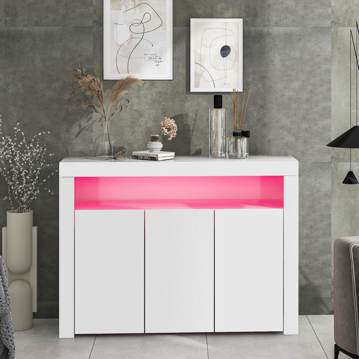 SIDEBOARD, 3 Türen, LED, Hochglanz, Weiß - Weiß, Holzwerkstoff (35/95/130cm) - FLIEKS