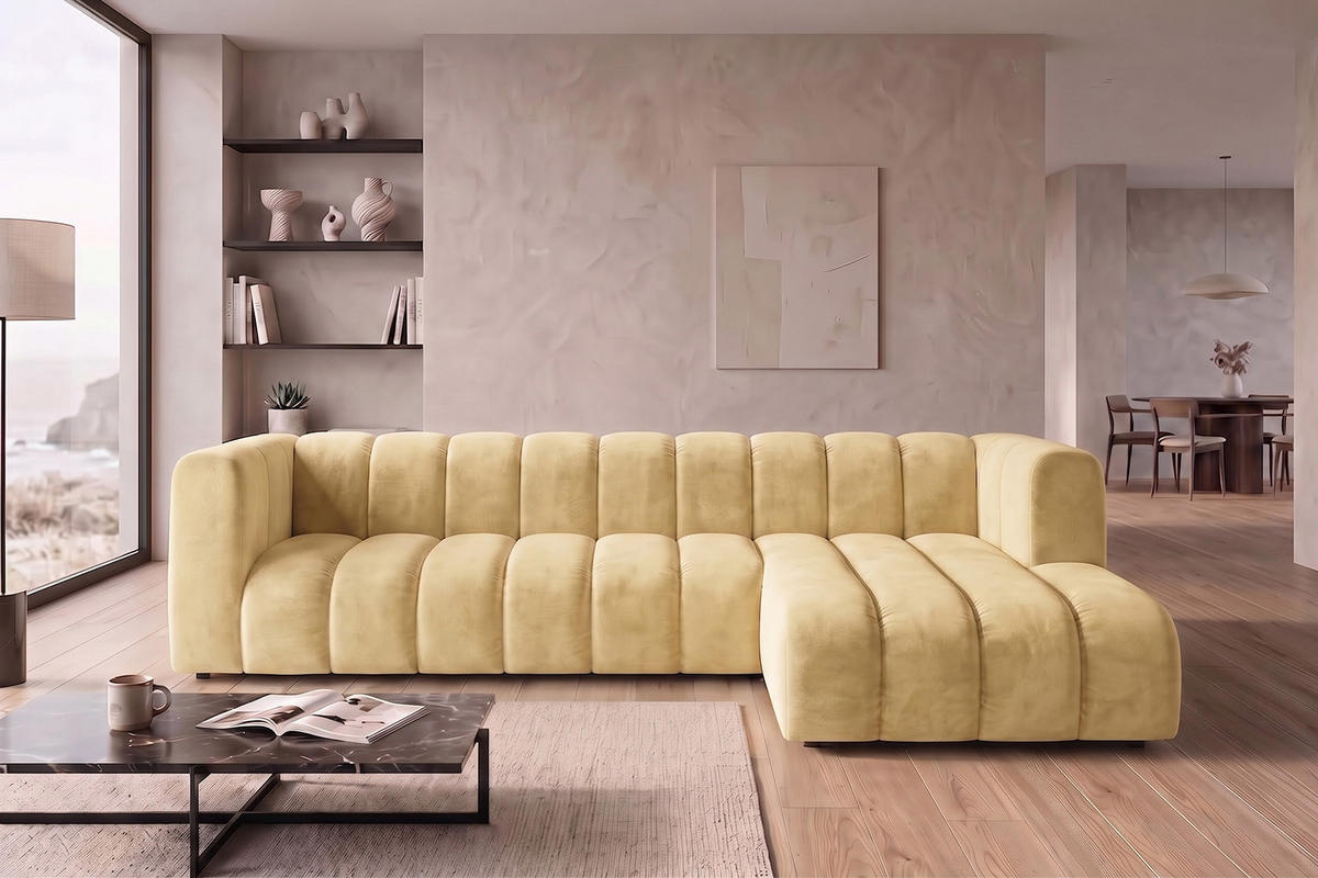 ECKSOFA Modulares In L-Form, Velvet-Stoff Riviera, Buttergelb, Rechts, GRAND 318 cm - Hellgelb, Holz (318/179cm) - Kaiser Möbel