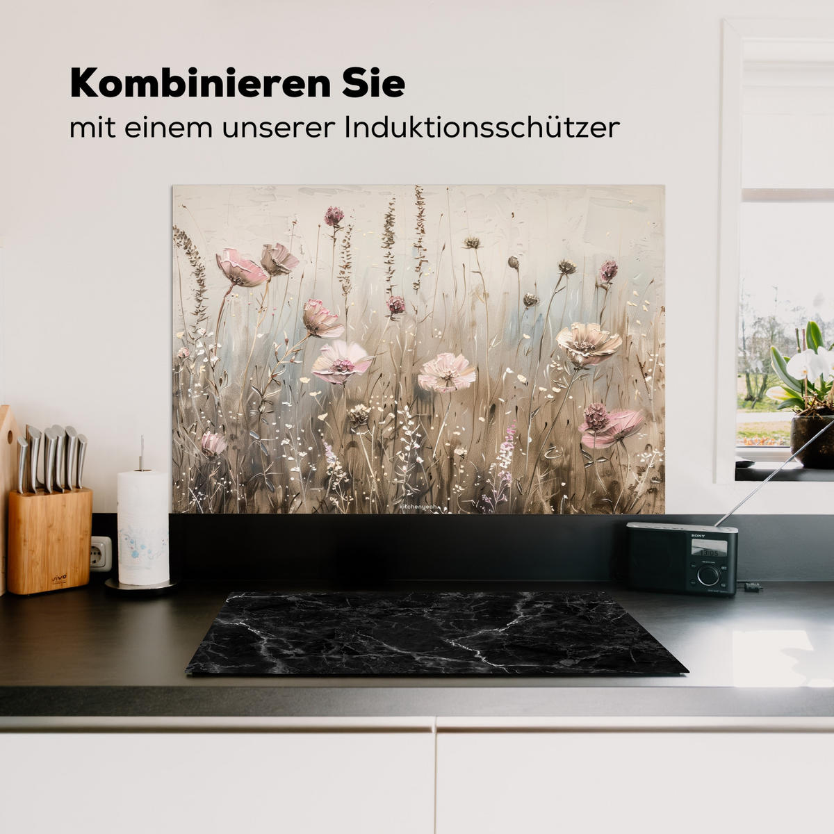 SPRITZSCHUTZ KÜCHE Blumen - Beige - Trockenblumen 80x55 cm - Beige, Metall (80/0.3/55cm) - MuchoWow