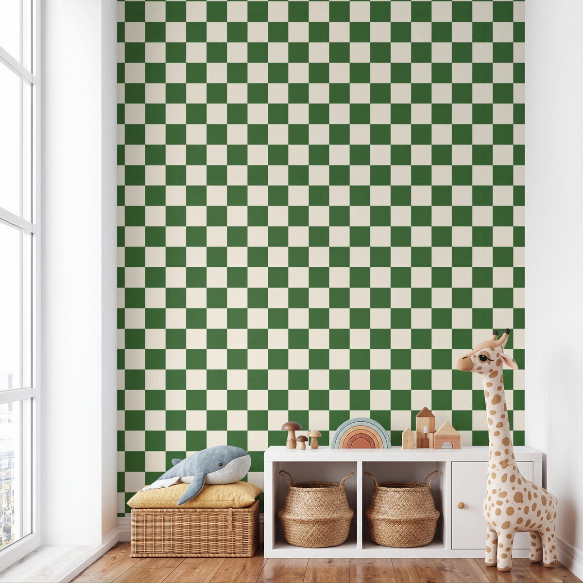 KINDERTAPETE - Schachbrett - Muster - Grün - 200x280 cm - Grün, Papier (200/280cm) - OnlyWow