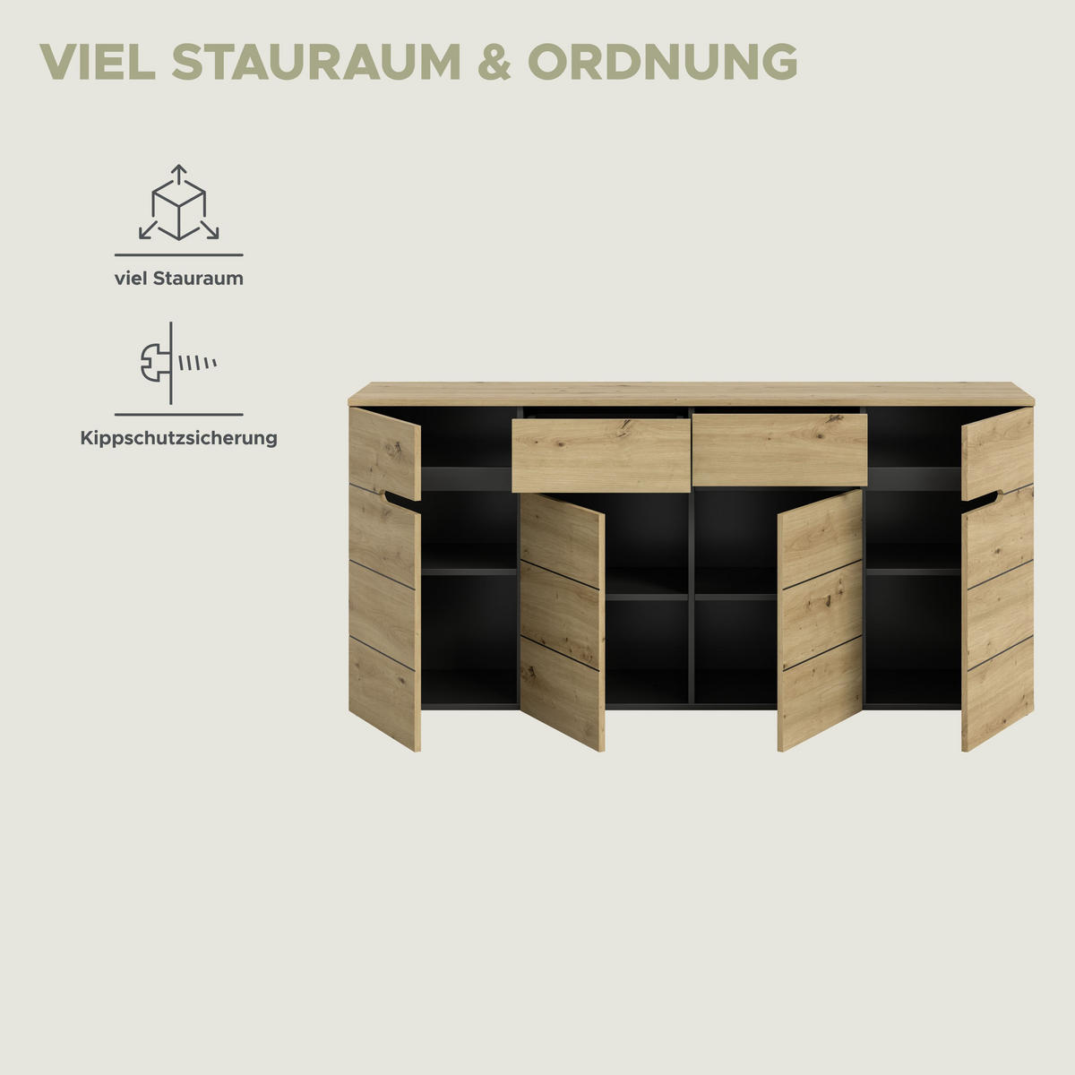KOMMODE Canu Artisan 173/41/81 cm - Grau, Holzwerkstoff (173/81/41cm) - Xonox