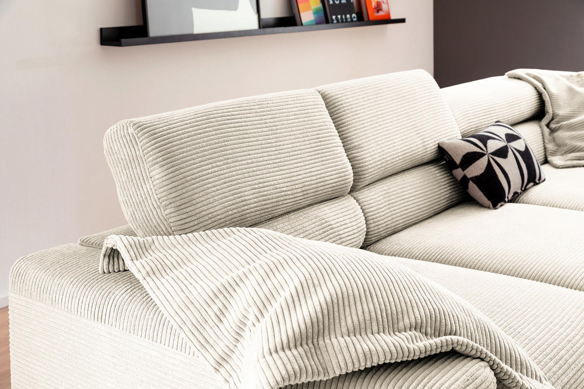 ECKSOFA MIT MOTORISCHEM SITZVORZUG DELIA Cremeweiß Cord - Creme/Schwarz, Textil/Metall (312/219cm) - KAWOLA