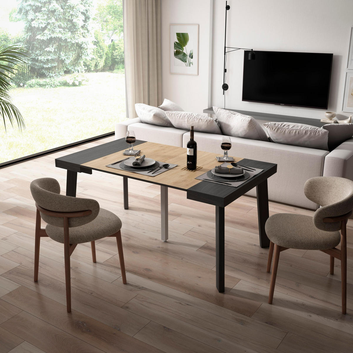 KONSOLENTISCH ausziehbar 58 bis 160cm, für 8 Gäste, schwarz eiche, 90/58/73cm - Eichefarben/Schwarz, Holzwerkstoff (90/160/73cm) - Skraut Home