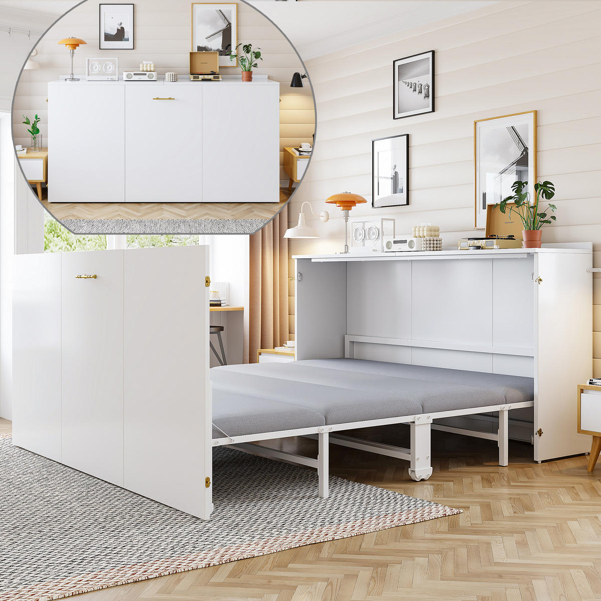 KLAPPBETT 140/200 cm in Weiß mit Rollen und Leinenmatratze - Weiß, Holzwerkstoff/Textil (140/200cm) - WISHDOR