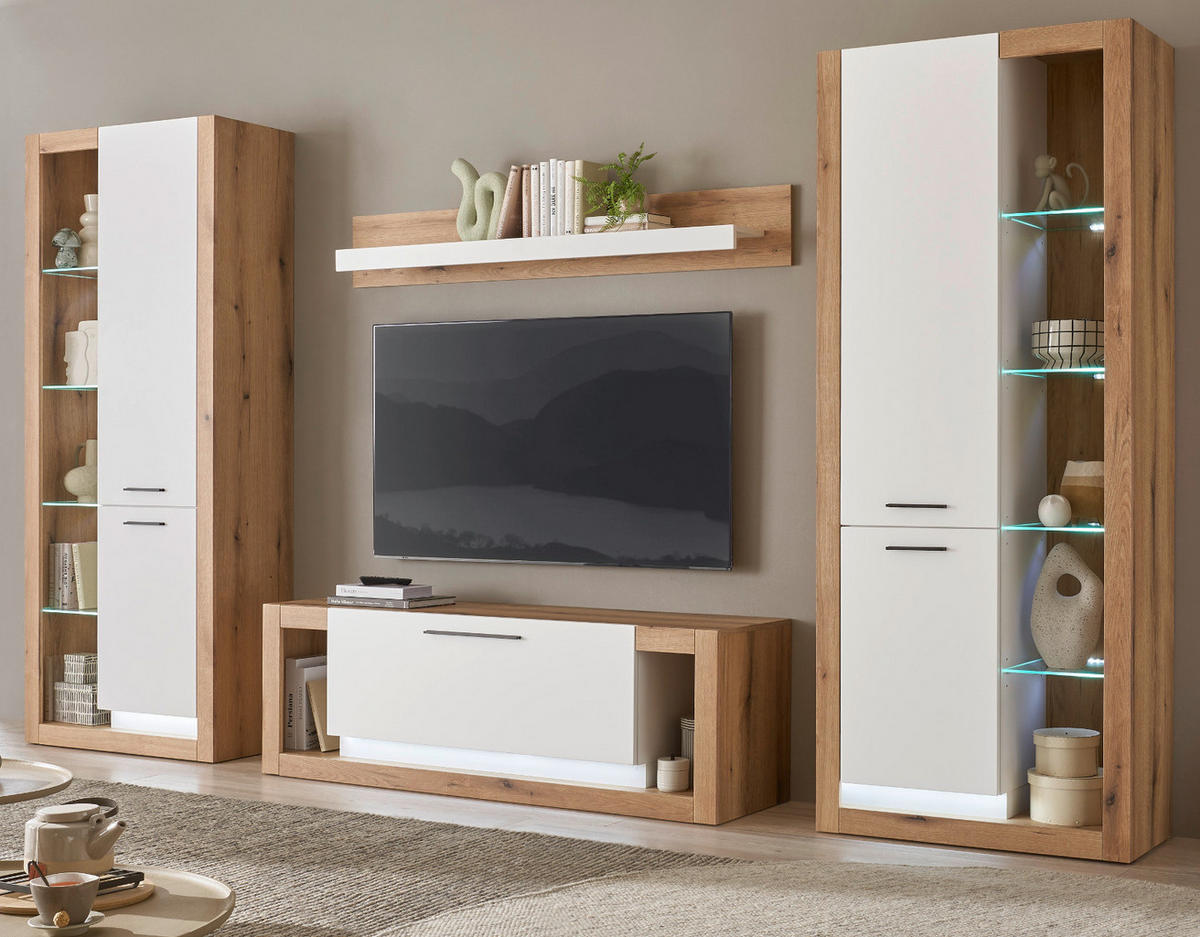 WOHNWAND weiß matt, Evoke Eiche, Wohnkombination Set 4-teilig 350 cm - Eichefarben/Silberfarben, Glas/Holzwerkstoff (350/195/43cm) - Furn.Design