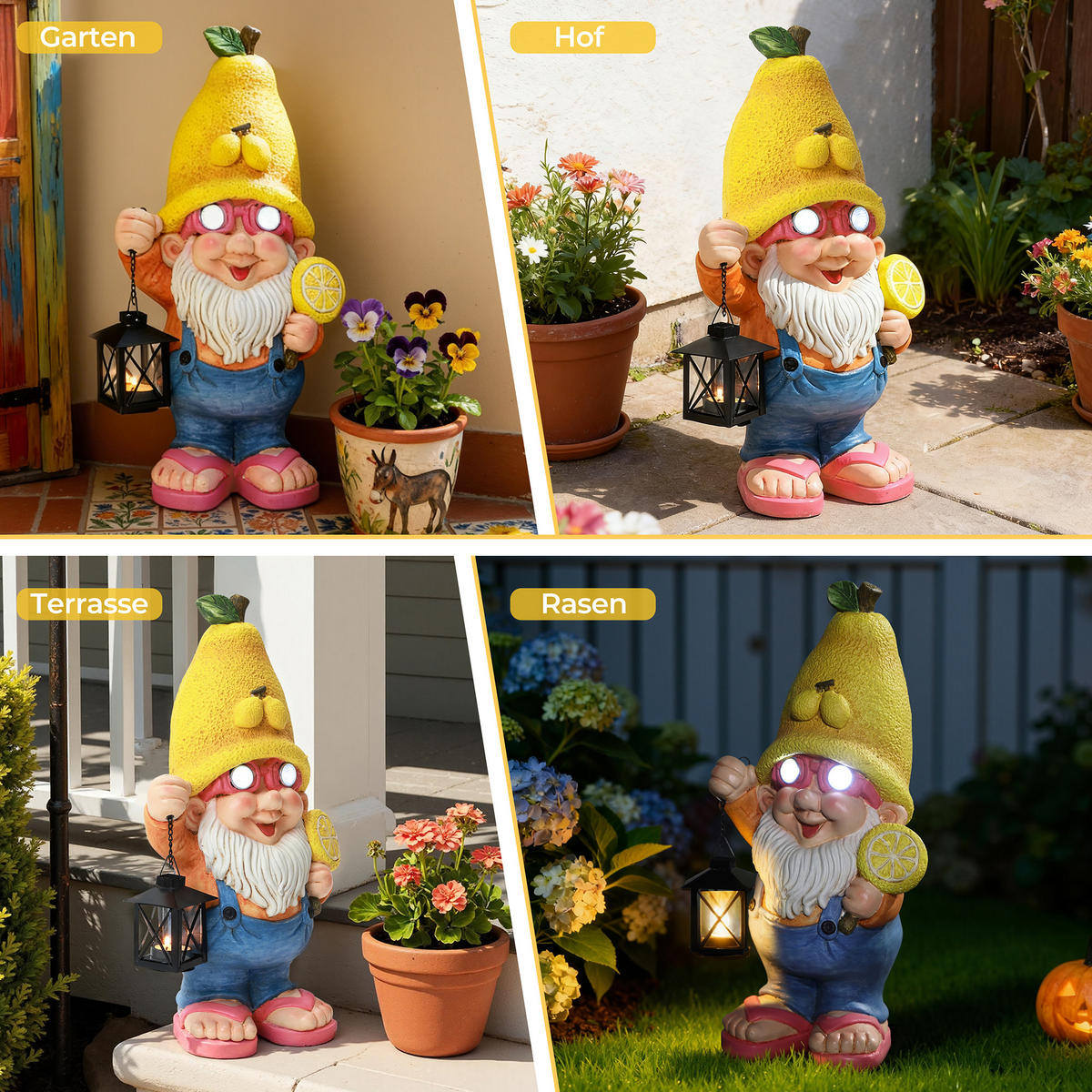 46CM Solarbetriebene Zwerggestalt in Form einer Zitrone Gartenfigur Zwerg mit Laterne, leuchtende Augen Geschenkidee für Mama - Multicolor, Naturmaterialien (23.5/46/16.5cm) - Hometopia