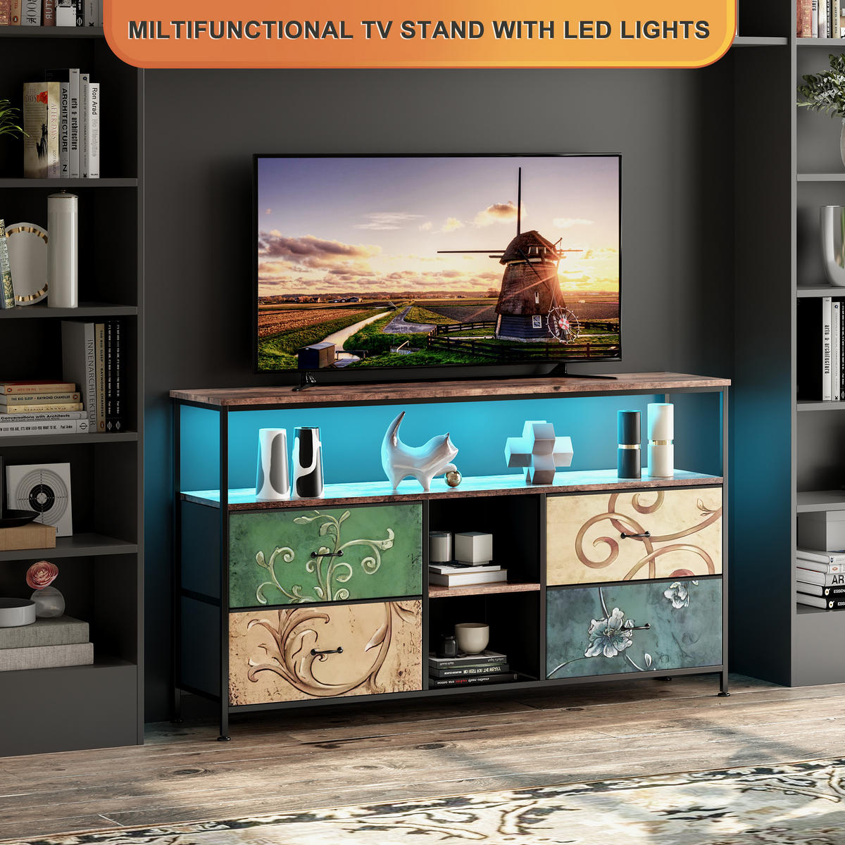TV-SCHRANK 108 cm, LED, 4 Stoffschubladen bedruckt, Holz Tigerplatte, Metallrahmen, höhenverstellbar - Multicolor, Holz (108/76.8/29.8cm) - EuroLiving
