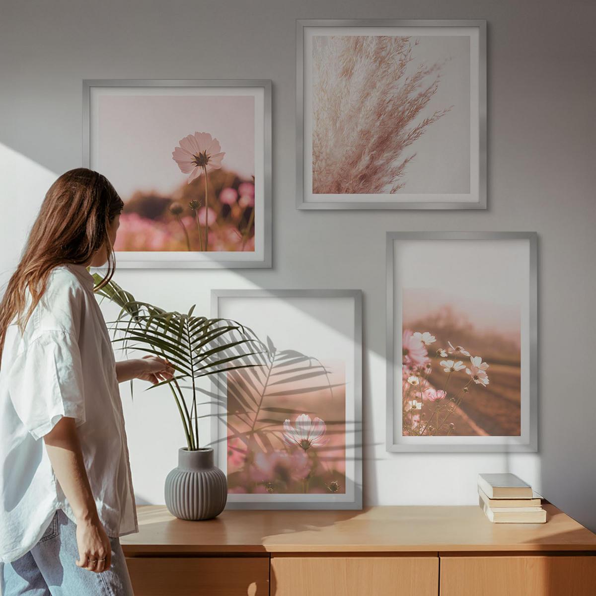 BILDER SET 4er Set - 50x50 cm & 40x60 cm Silberner Rahmen - Wildblumen auf den Wiesen im Sommer - Silberfarben, Kunststoff (50/50cm) - TULUP
