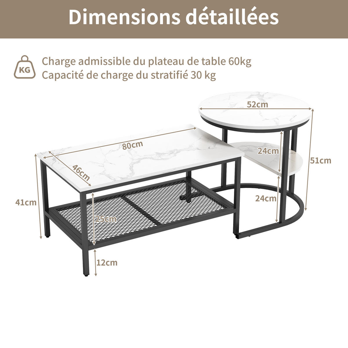 COUCHTISCH 2er Set rund schiebbar Beistelltisch Metall schwarz - Schwarz, Holz (46/80/41cm) - LEBENLANG