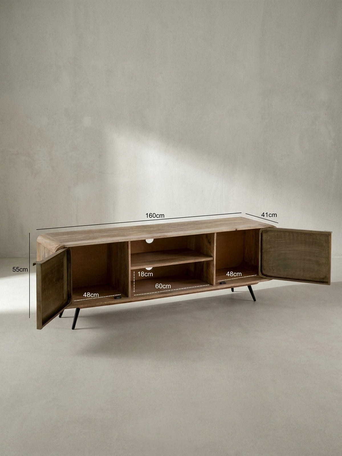 LOWBOARD Mango Massivholz Modern Stil 160x55x41 cm mit punzierten Türen - Schwarz/Braun, Holz/Metall (160/55/41cm) - KADIMA DESIGN