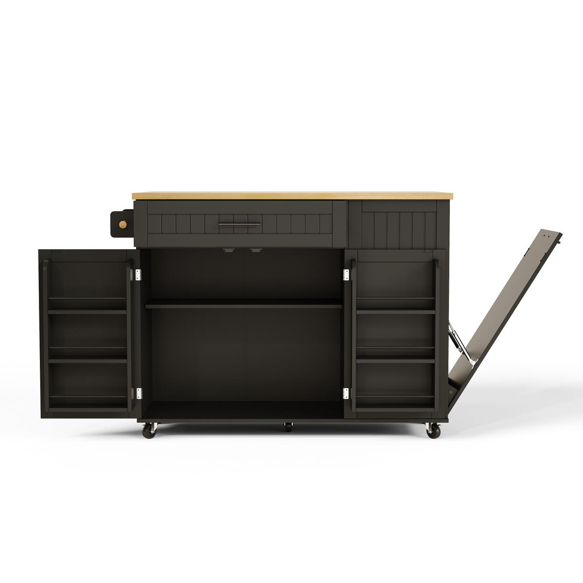 KÜCHENINSEL auf Rollen 130/45/93.3 cm Black mit klappbarer Arbeitsplatte, 1 Schublade und Mülleimerschrank - Schwarz, Holz/Holzwerkstoff (70/93/130cm) - Oxeza