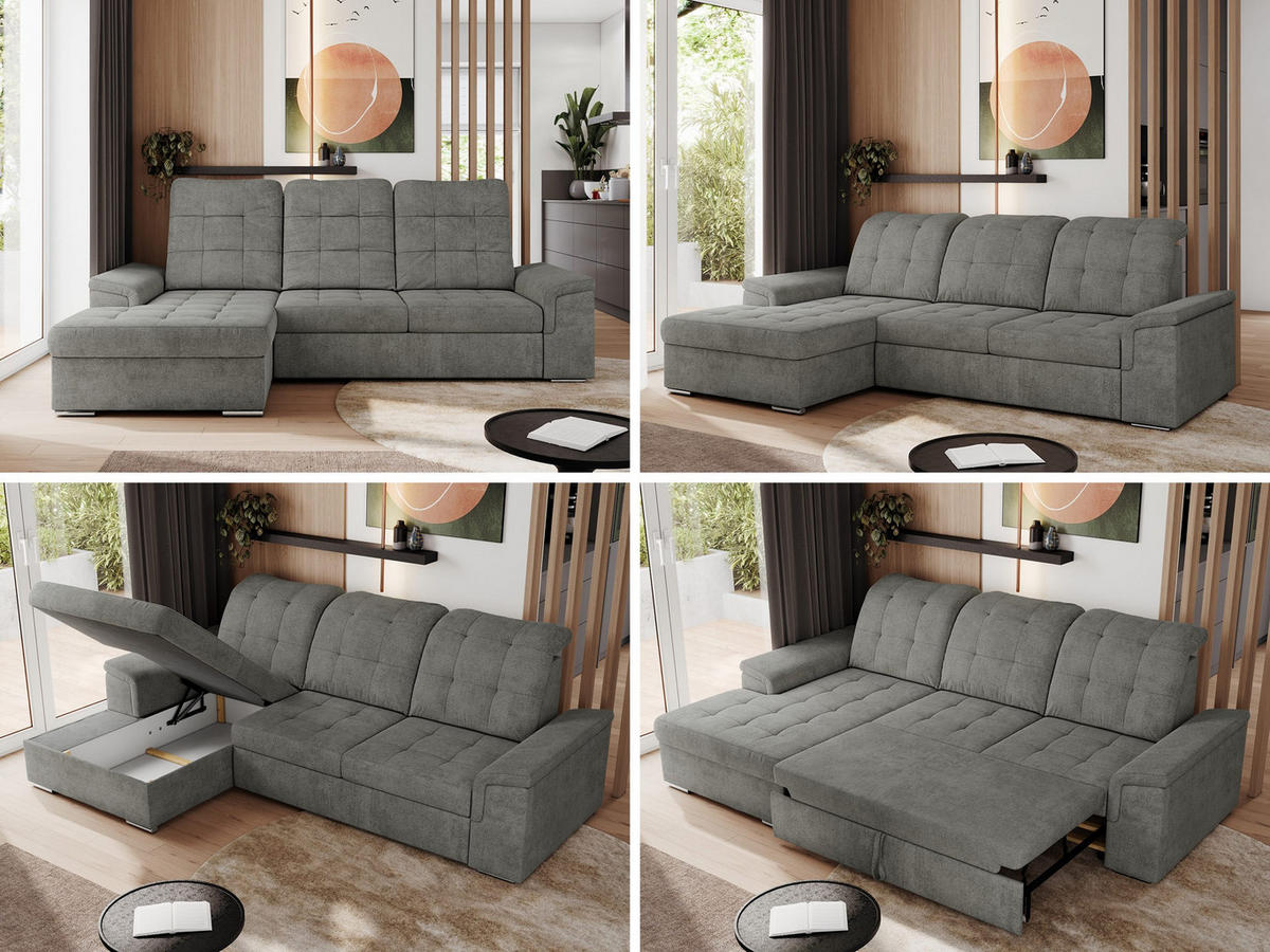 ECKSOFA MADRITO L - Grau Struktur - Links - Silberfarben/Grau, Textil/Metall (160/256cm)