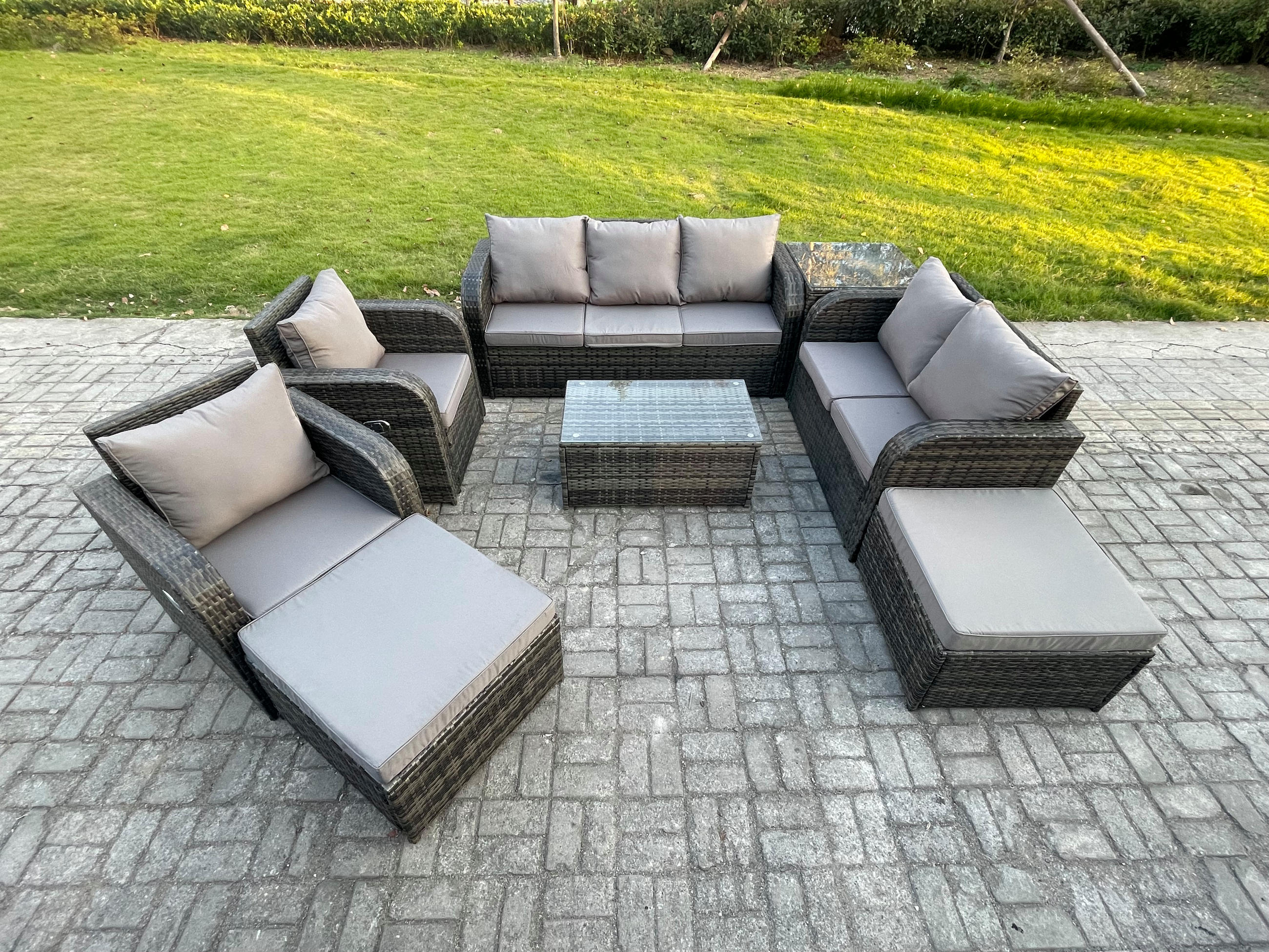 GARTENMÖBELSET mit Couchtisch Polyrattan 9-Sitzer - Dunkelgrau/Grau, Glas/Kunststoff - Fimous