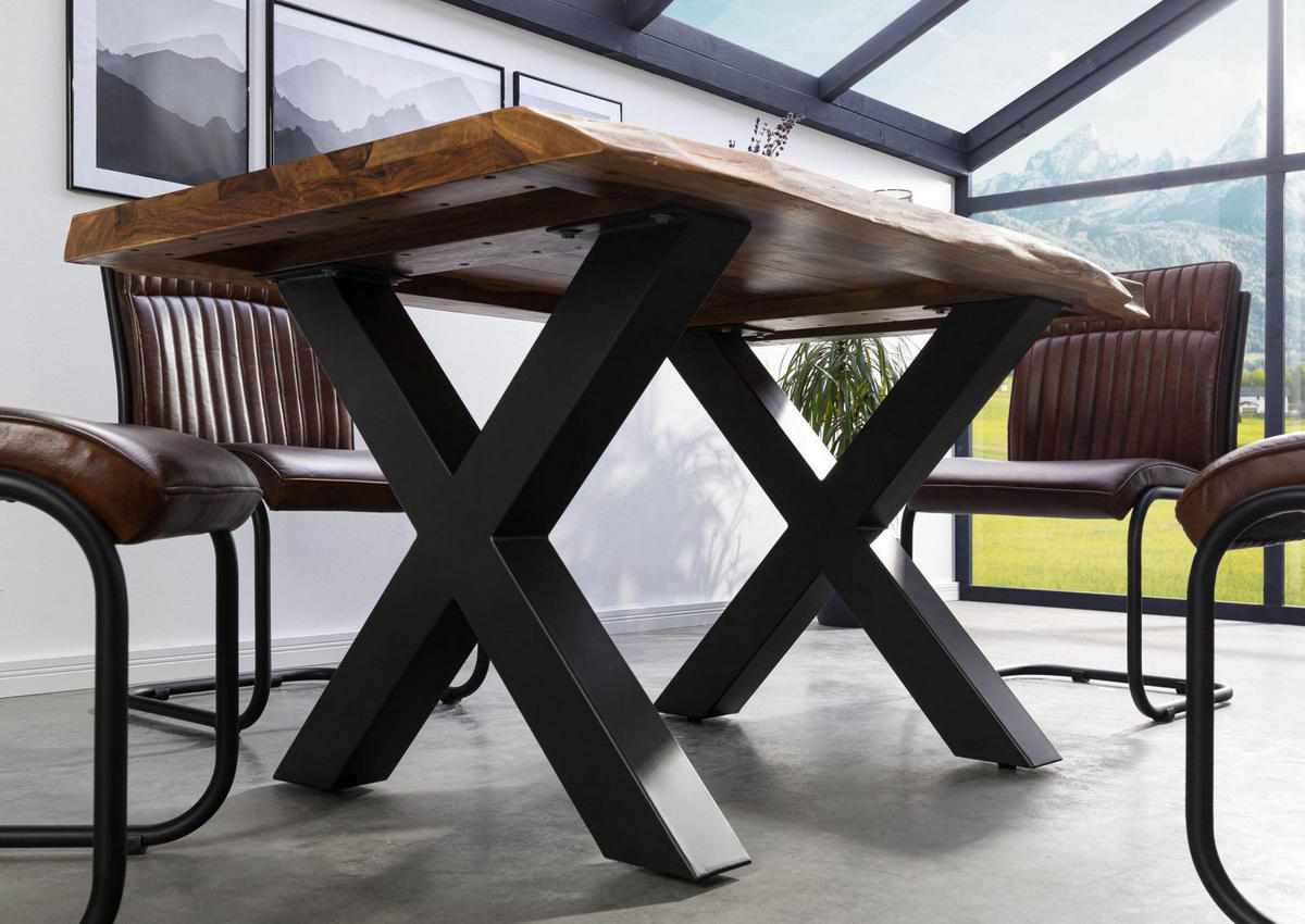 BAUMTISCH Sheesham 140x90x77 natur gebeizt / X-Beine anthrazit matt FREEFORM 5 - Anthrazit/Naturfarben, Holz (140/90/77cm) - Massivmoebel24