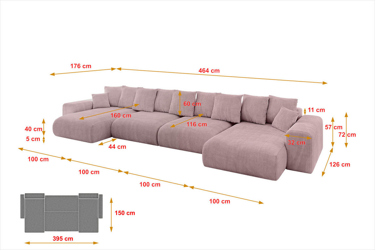 WOHNLANDSCHAFT mit Schlaffunktion ESKAR-U2-464x176x84cm Rosa - Rosa, Holzwerkstoff/Kunststoff (176/72/464cm) - ALTDECOR