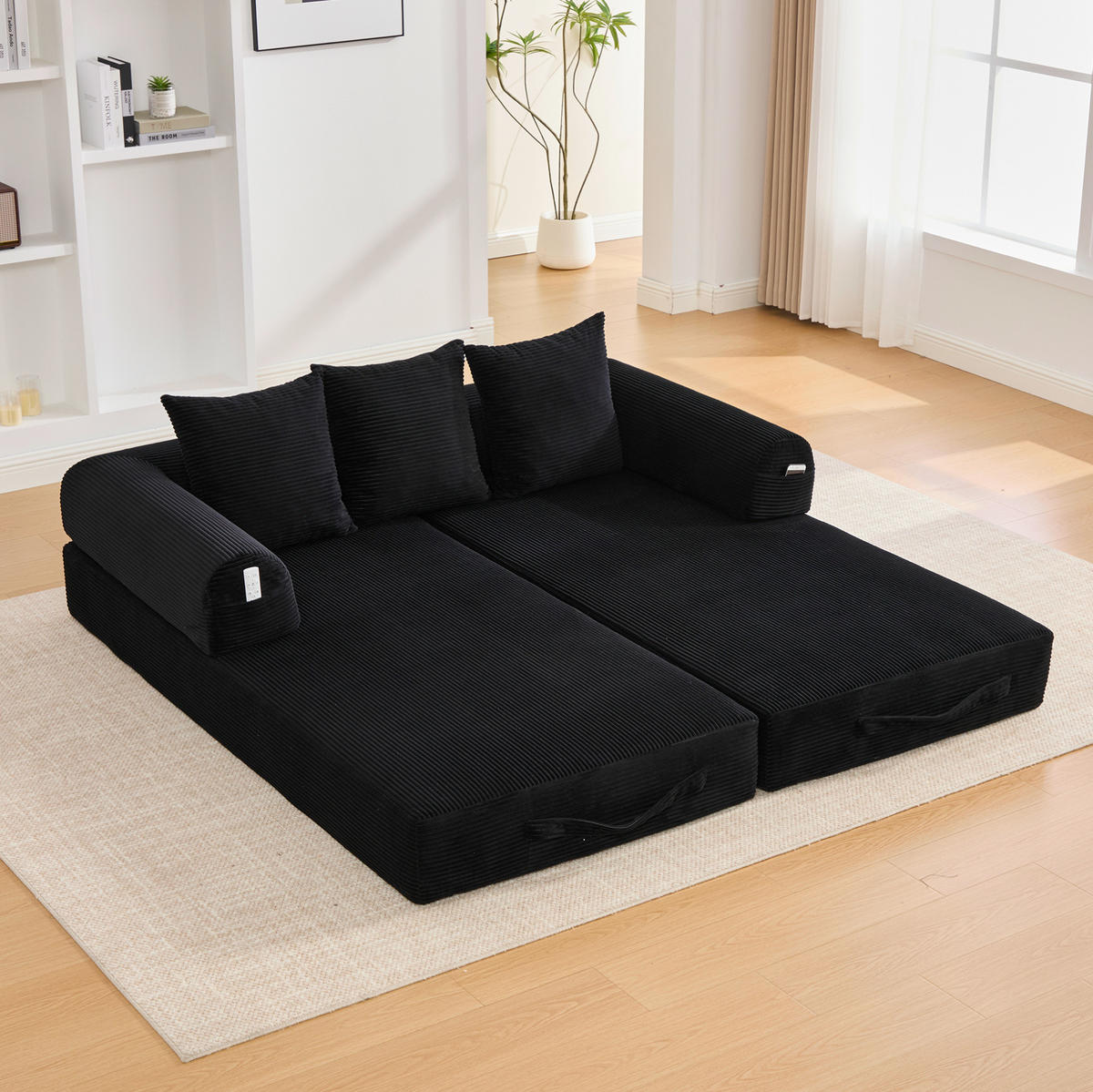 SOFA 200/94/67 cm aus Cord mit Metallrahmen und Seitentasche Schwarz - Schwarz, Textil (94/67/200cm) - Modenvie