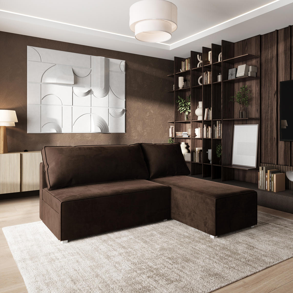 ROHOVÁ SEDAČKA BRISO hnědá - šedá/hnědá, dřevo/textil (200/140cm) - MASSENO