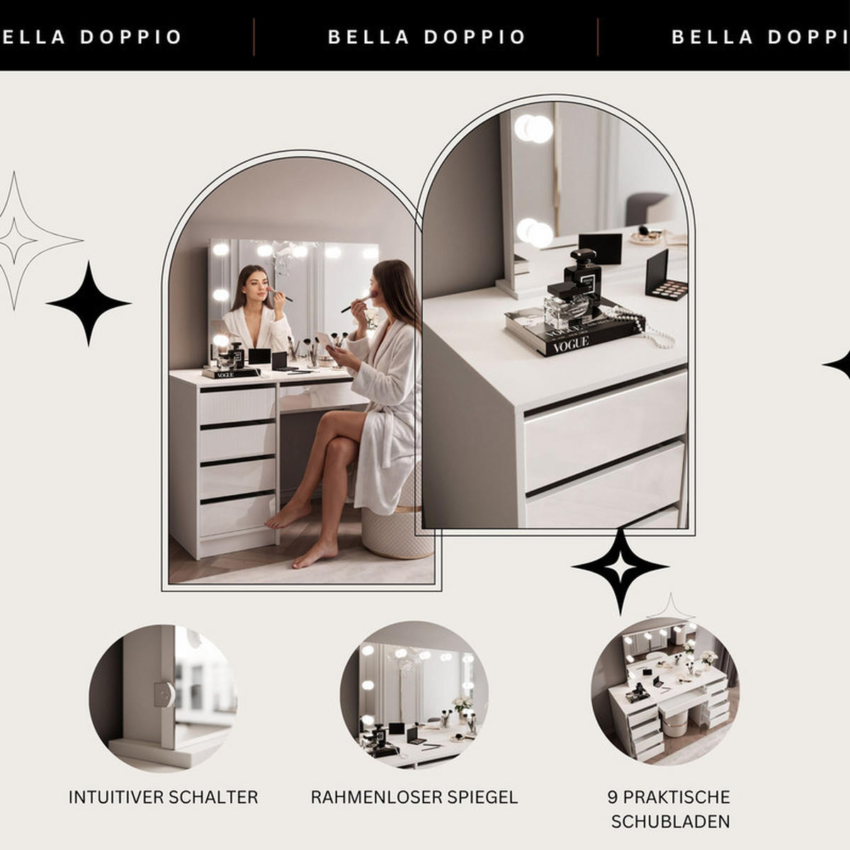 SCHMINKTISCH BELLA DOPPIO 150/55/145 cm, mit LED-Spiegel, Weiß - Weiß, Holzwerkstoff (150/145/55cm) - Idohome