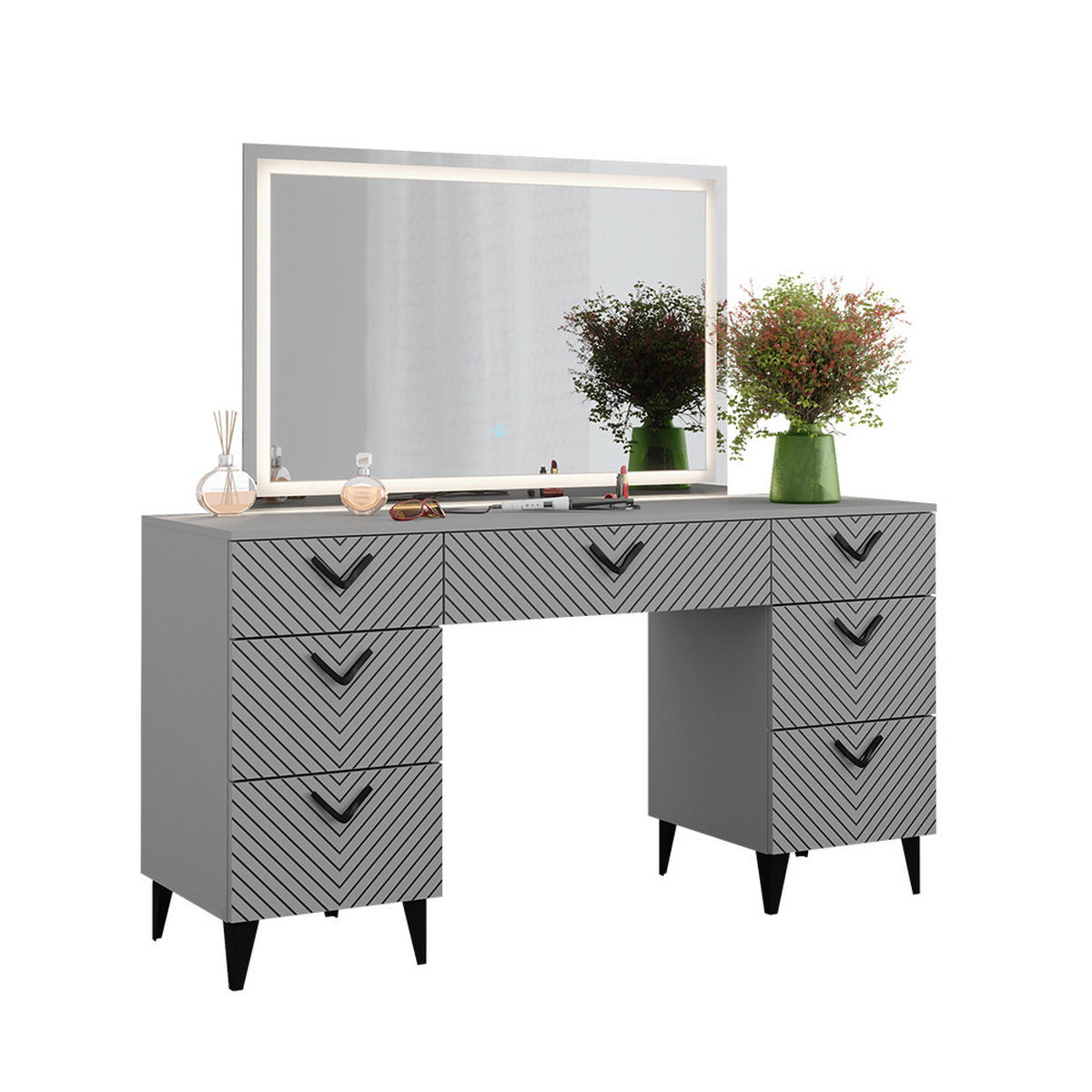 SCHMINKTISCH Anett Grau 150 cm mit LED-Spiegel - Grau, Holzwerkstoff (150/78.1/45cm) - Vicco