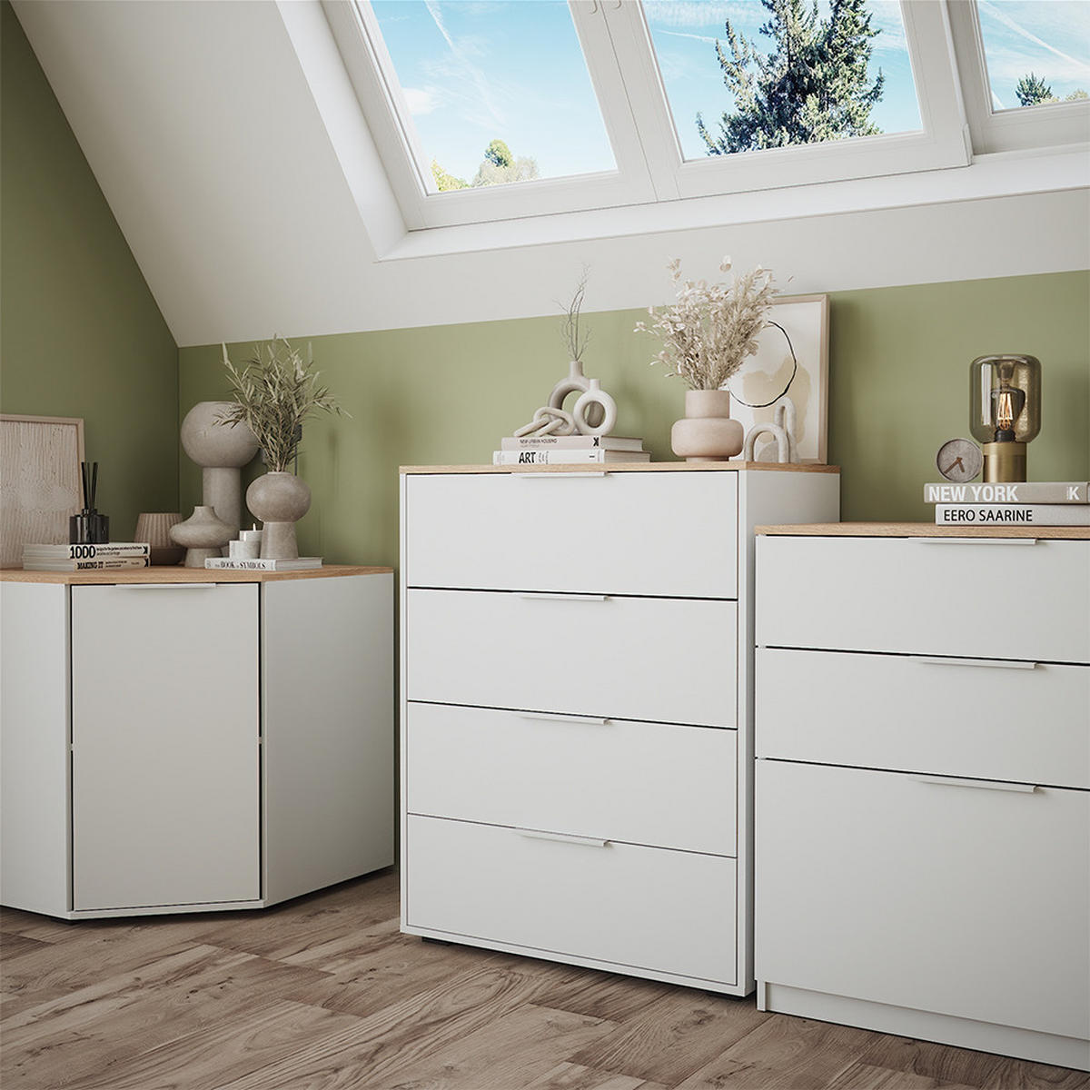 KOMMODE Betti Weiß/Sonoma 120 x 83.6 cm mit 4x Schublade - Weiß/Sonoma Eiche, Holzwerkstoff (30/83.6/120cm) - Vicco