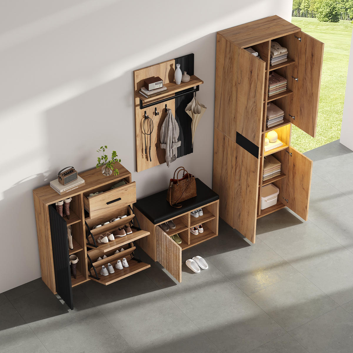 GARDEROBENSET 4-tlg Wand Natur Schwarz 215x36x190cm - Multicolor, Holzwerkstoff (36/190/215cm) - FLIEKS