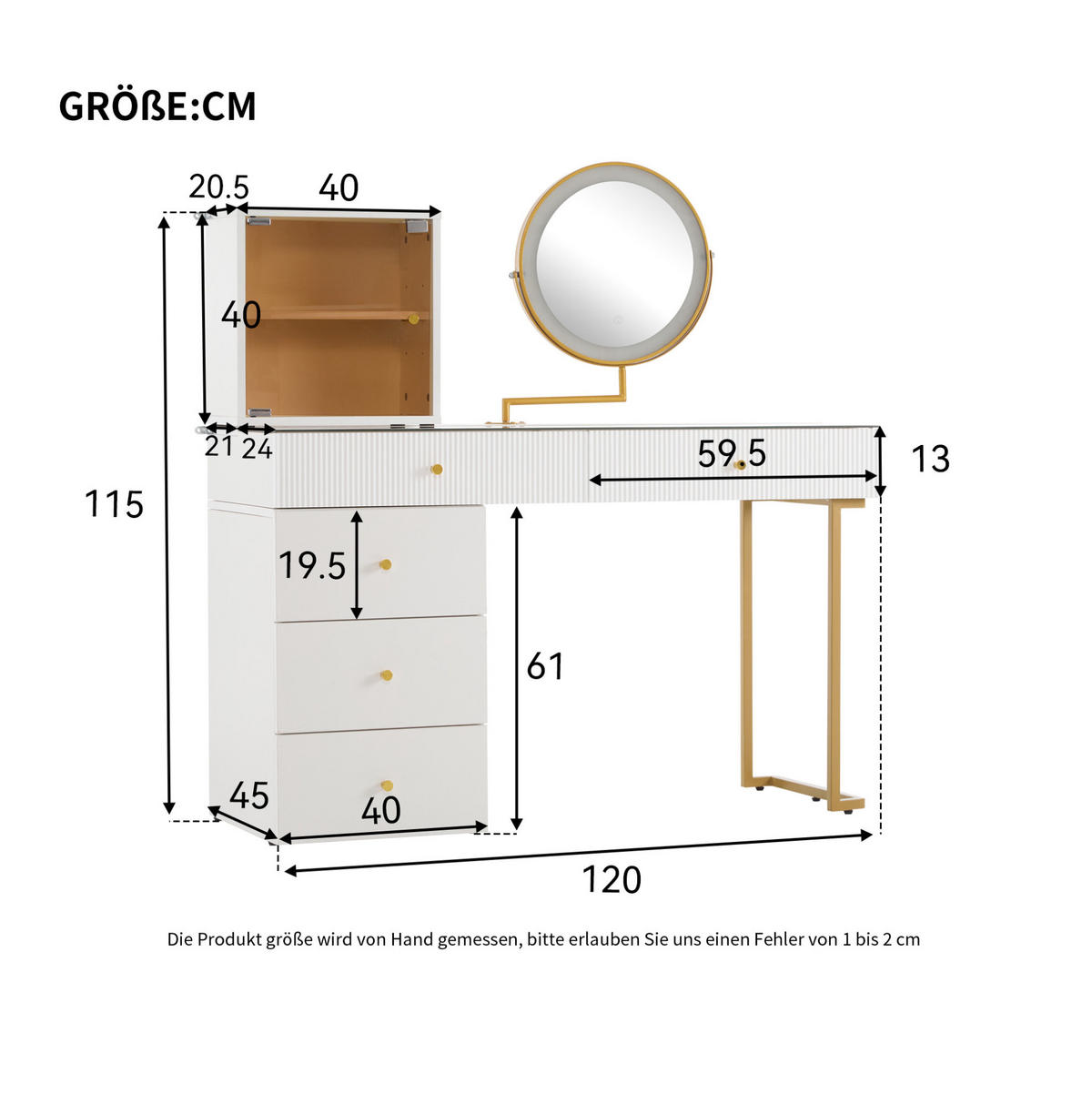 SCHMINKTISCH 120/45/115 cm weiß/gold aus Glas-Holzwerkstoff mit LED - Weiß, Holzwerkstoff (45/115/120cm) - OKWISH