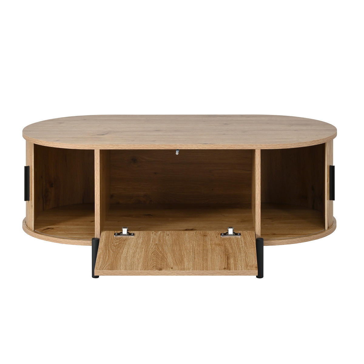 COUCHTISCH Oval Rattan Schiebetüren Metallbeine modern - Naturfarben, Holzwerkstoff (100/50/40cm) - FLIEKS