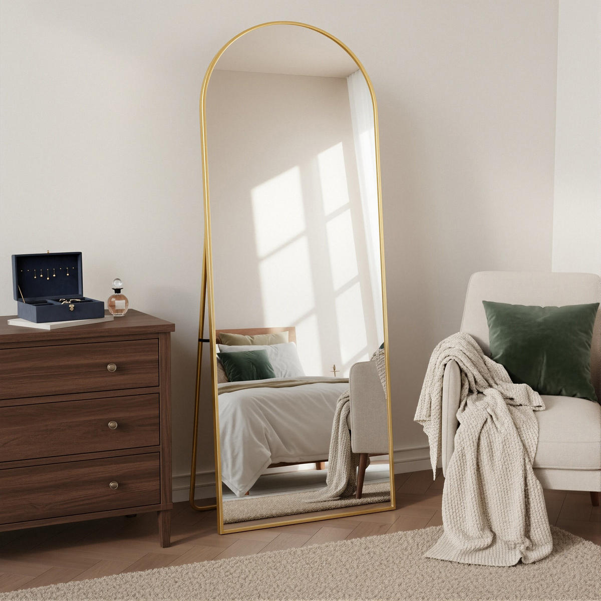 GANZKÖRPERSPIEGEL Bogen-Design mit U-Standfuß & Aluminiumrahmen 180/80 cm Gold - Goldfarben, Glas/Metall (80/180/3cm) - Creahappy