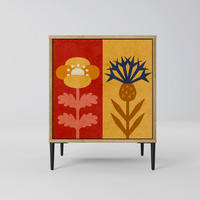 SIDEBOARD SCANDIC FLOWERET, Eichefarben, 57,5x42x72,5 cm, Schwarze Metallfüße - Eichefarben/Multicolor, Holzwerkstoff/Metall (57.5/72.5/42cm) - SpaceRebels