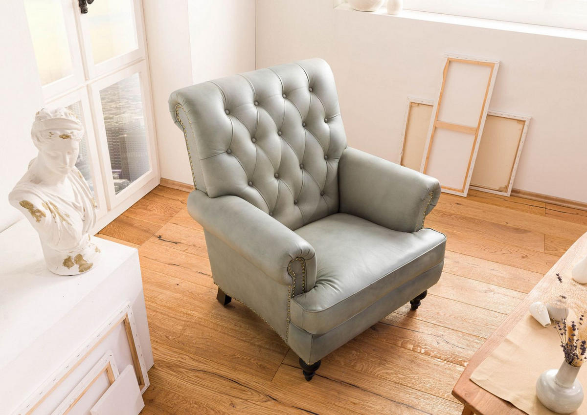 SESSEL Echtleder 84x84x94 grau CHESTERFIELD #205 - Grau, Leder (84/94/84cm) - Massivmoebel24