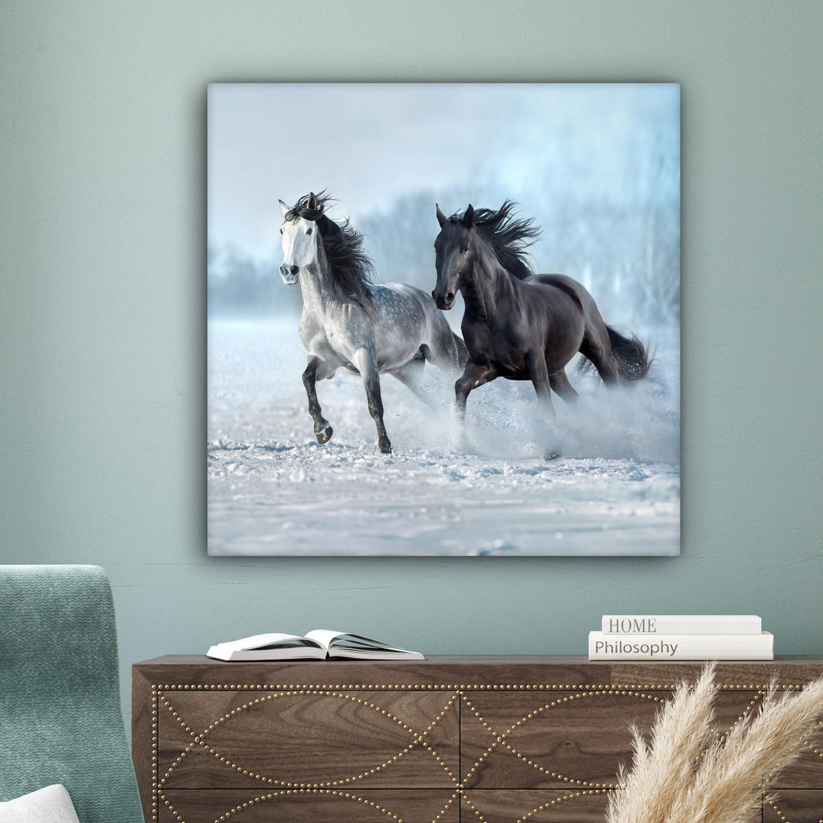 LEINWANDBILD Pferde - Winter - Tiere - Natur - Schnee 90x90 cm - Anthrazit, Textil (90/90cm) - MuchoWow